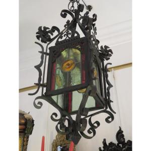 Wrought Iron Lantern With Blown And Colored Glass, Early 20th Century 