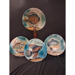Four Earthenware Plates With Enamelled Fish Decoration Signed L.dagueneau 20th Century