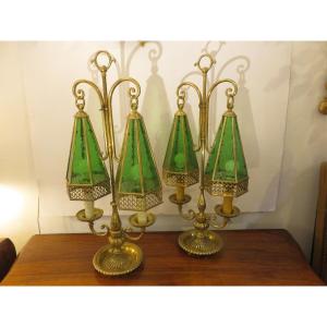 Pair Of Lamps In Brass And Bubbled And Hammered Glass, With Double Lights, In The Shape Of A Pagoda 