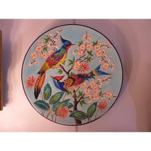 Longwy Enamel Dish (diameter 37 Cm) "the Flowery Spring" Decoration By Mp Chevallier 