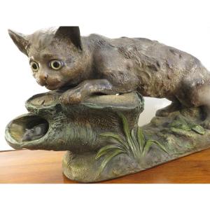 Sculpture Of A Cat And A Mouse, In Glazed Terracotta, Signed F. Foucher, Circa 1900