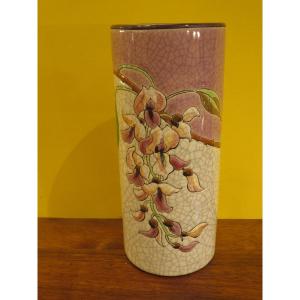 Longwy Polychrome Enamel Roller Vase, Decorated With Flowers, 20 Cm High, In Perfect Condition. 