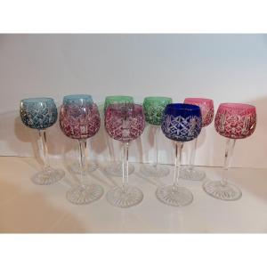 9 Colored Crystal Glasses From Saint Louis Factory , Riesling Pattern