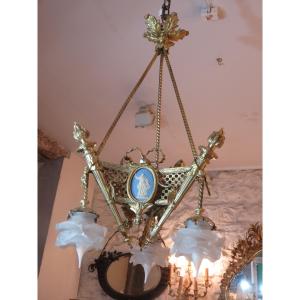 Three-light Bronze Chandelier With Three Openwork Panels Decorated With Biscuit Porcelain Medallions 