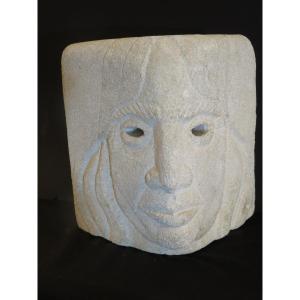 Lamp, Sculpture Of An Indian Face In Luberon Stone, Signed 