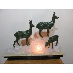 Night Lamp Attributed To Fritz Diller (1875-1945), Chamois Family, In Spelter And Marble