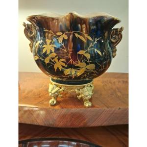 A 19th-century Blue Earthenware Jardinière With Fine Gold Leaf, Gilt Bronze Mount, And Lion's Head.