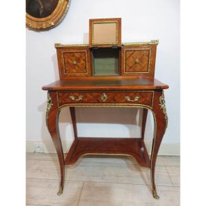 Bonheur Du Jour In Marquetry On Four Sides, In The Louis XV Style, 20th Century 