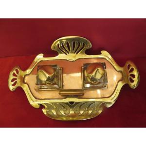 Art Nouveau Bronze And Brass Inkwell With Double Compartments 