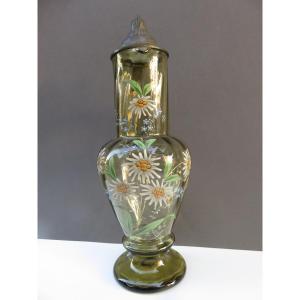 Blown Glass Ewer With Enameled Edelweiss Decoration, Pewter Lid, Early 20th Century