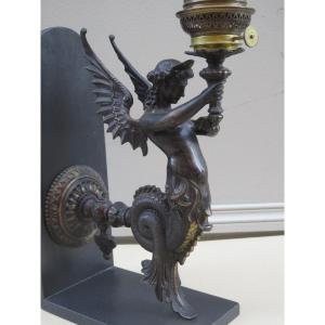 Antique Bronze Gas Wall Light, Depicting A Winged Mermaid, Electrified 