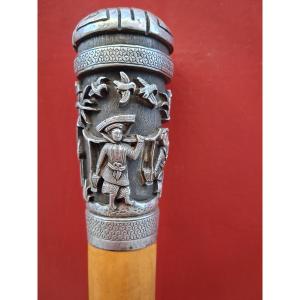  19th Century Walking Stick With A Silver Pommel Made Of Malacca Cane 