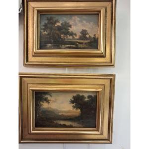 Pair Of Paintings, Oil On Panel, Landscapes By The Water, 19th Century