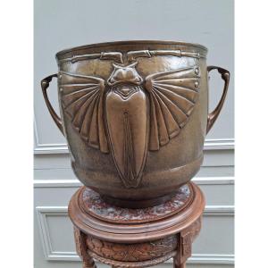 Brass Cachepot, Decorated With A Butterfly, From The Art Nouveau/jugendstil Period, (h 36 Cm)