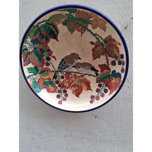 Longwy Enamels: Large Circular Shallow Dish, Decorated With Sparrows On Mulberry Branches