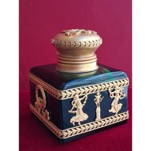 Complete Inkwell, In Green Crystal, With A Gilt Bronze Mount, 19th Century
