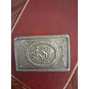 Rectangular Snuffbox In Solid Silver, Depicting A Marriage Proposal Scene, 19th Century 