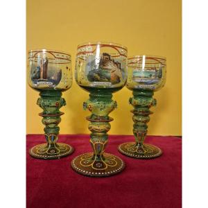 Three Bohemian Enameled Crystal Stemmed Glasses 