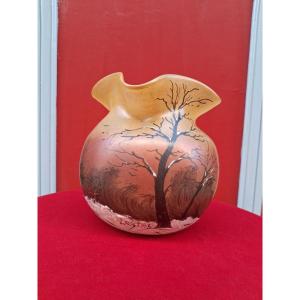 Théodore Legras, Four-lobed Spherical Vase With A Snowy Landscape, Signed, 15 Cm High, 14 Cm Wide