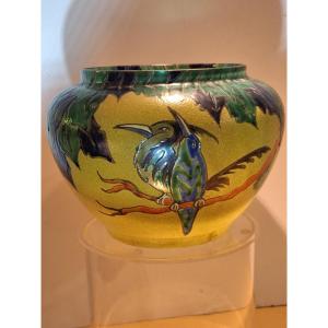 Leune Vase, Signed, Polychrome Enamelled Glassware, Decorated With Birds, Art Nouveau Period