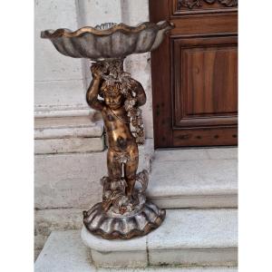 Large Polychrome Carved Wood Cherub Planter With Original Zinc Tray