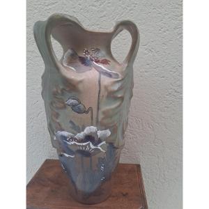 Glazed Earthenware Vase With Three Foliage-shaped Handles, Decorated With Flowers, Art Nouveau Period