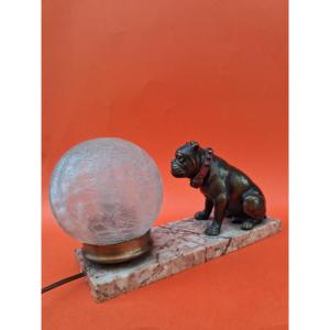 Bulldog Night-light In Gilded Regula, Marble Base, Cracked Glass Globe