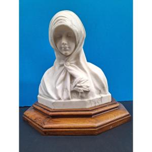 Marble Bust Of The Virgin Mary, Walnut Base, Signed By Guglielmo Pugi ( 1850- 1915 )