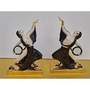 Pair Of Bookends In Polychrome - Painted Porcelain Signed Robj , Art Deco