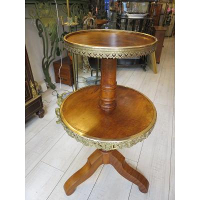 Pedestal Table With Double Brass Trays, In Solid Walnut Late Nineteenth