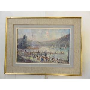 The Beach Of Aix - Les - Bains, Watercolor By Jean Bernard Pratx XX Th