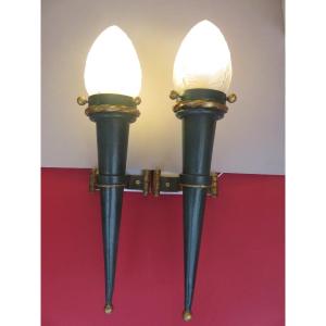 Pair Of Sconces In The Shape Of A Torchiere, In Double Patina Wrought Iron, With Their Globes