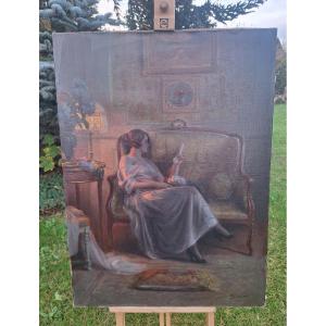 Painting By Enjolras Delphin: Young Woman In A Negligee In Her Living Room