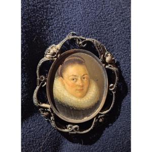 Miniature On Copper, Portrait Of A Woman, 17th Century, Silver Frame