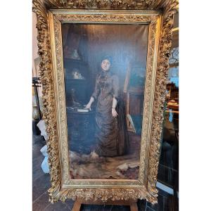 Oil On Canvas Signed Leon Herbo Depicting An Elegant Woman In An Interior 