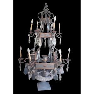 Very Large Chandelier, Wrought Iron, Crystal, 1940