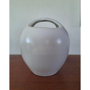 Madoura: White Glazed Ceramic Vase With Handle By Suzanne Madoura. Impressed Stamp