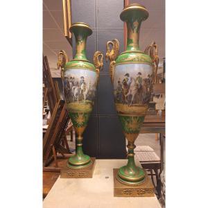 Pair Of Polychrome Porcelain Vases Decorated With Napoleonic Scenes.