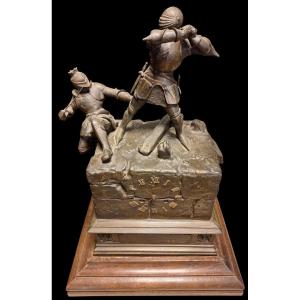 Patinated Bronze Clock Depicting A Knight's Fight. Attributed To J.f. Theodore Gechte