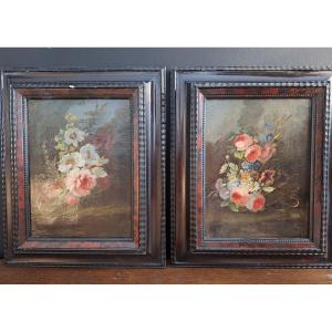 Pair Of Paintings, Flemish School, Early 19th C. Still Life With Flowers.