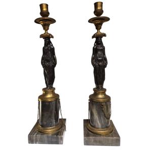 Pair Of Empire Period Candlesticks In Patinated Gilt Bronze And Turquoise Marble.