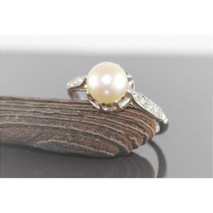 Platinum, Diamond And Akoya Pearl Ring