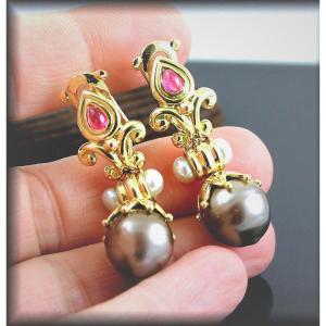 Gold, Tourmaline And Tahiti Pearl Earrings