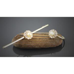 Gold Ring + Brooch Set, Cultured Pearl And Diamond