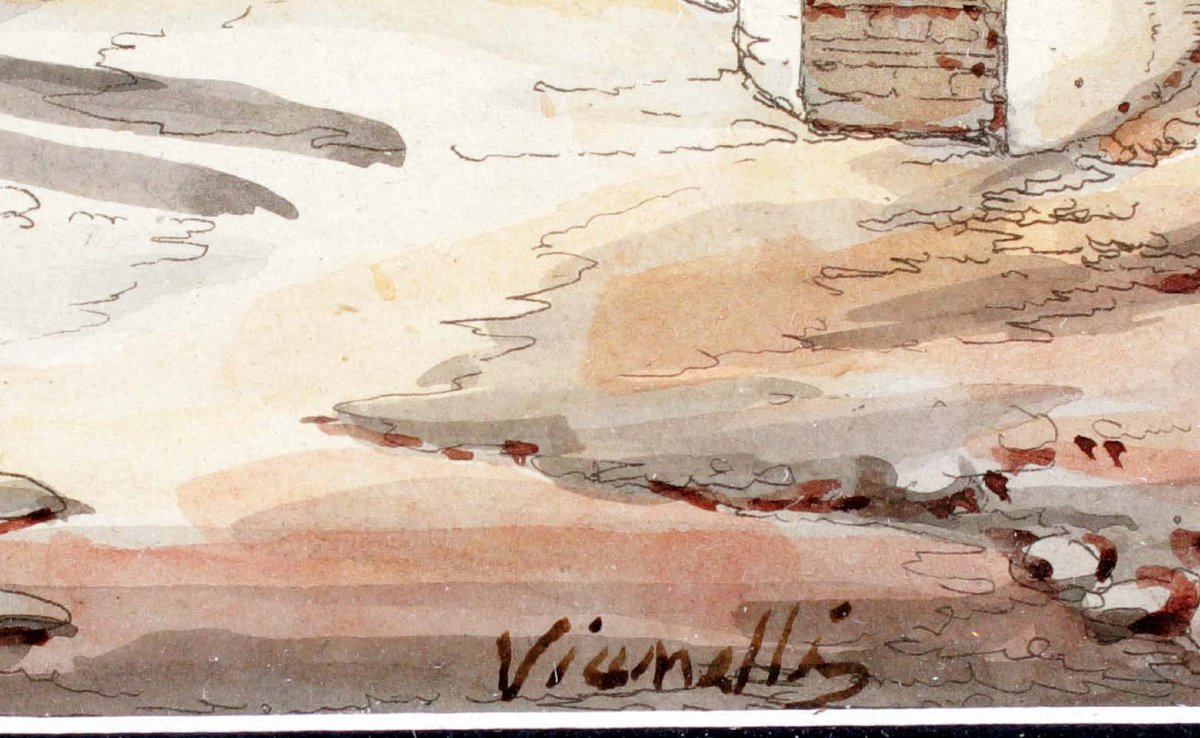 Acquerello su carta Firmato Achille Vianelli ( 1803 - 1894 )-photo-3