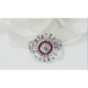 Old Ring In White Gold, Rubies And Diamonds