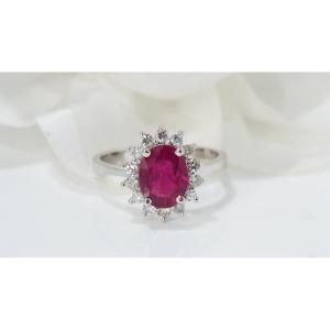Daisy Ring In White Gold, Oval Ruby And Diamonds