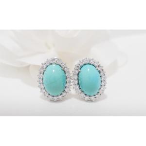 Daisy Earrings In White Gold, Natural Turquoise And Diamonds