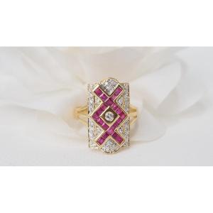 Vintage Ring In Yellow Gold, Rubies And Diamonds