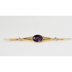 Barrette Brooch In Yellow Gold Amethyst And Diamonds